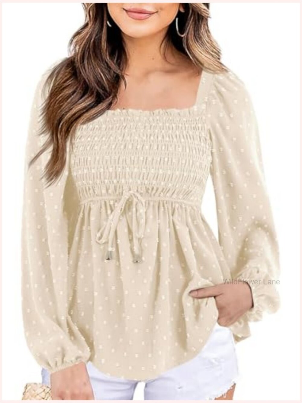 Smocked Peplum Top with Balloon Long Sleeve Swiss Dot - Picture 3 of 4